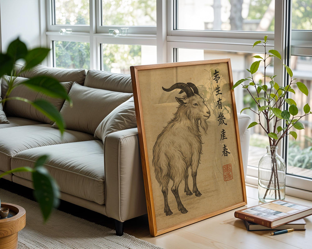 Japanese Goat Wall Art – Traditional Ink Animal Print, Zodiac Year of the Goat Decor, Vintage Style Asian Artwork, Free Shipping - Just Great Posters