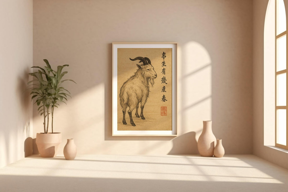 Japanese Goat Wall Art – Traditional Ink Animal Print, Zodiac Year of the Goat Decor, Vintage Style Asian Artwork, Free Shipping - Just Great Posters