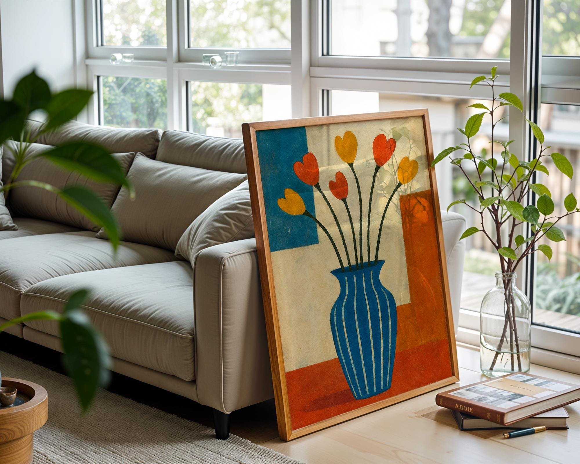 Midcentury Modern Floral Art – Retro Tulip Vase Print in Primary Colors, Bold Abstract Flower Wall Decor for Cool Homes, Free Shipping - Just Great Posters