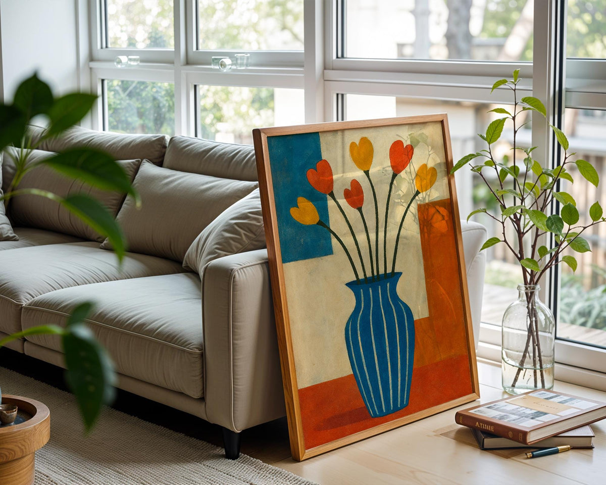 Midcentury Modern Floral Art – Retro Tulip Vase Print in Primary Colors, Bold Abstract Flower Wall Decor for Cool Homes, Free Shipping - Just Great Posters
