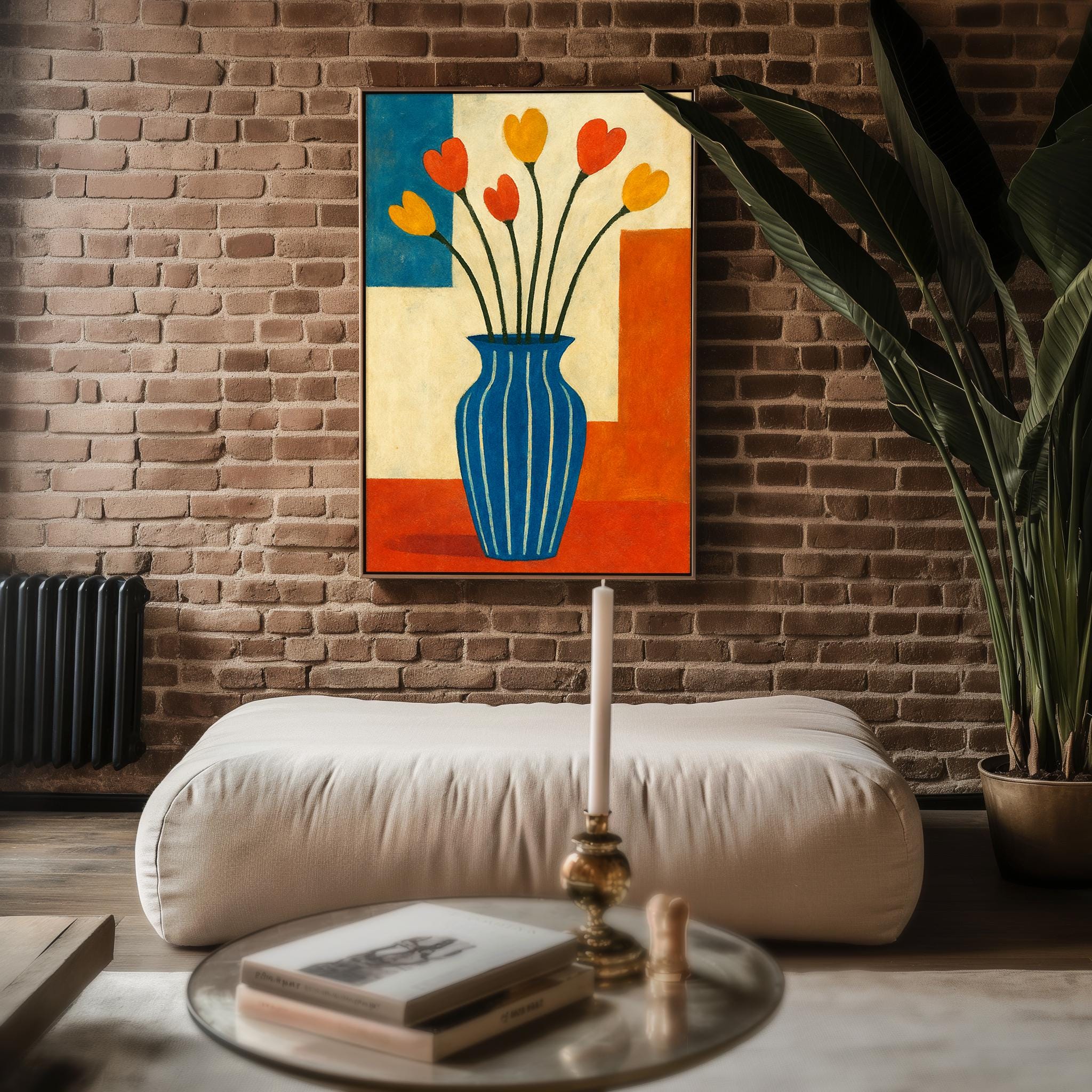 Midcentury Modern Floral Art – Retro Tulip Vase Print in Primary Colors, Bold Abstract Flower Wall Decor for Cool Homes, Free Shipping - Just Great Posters