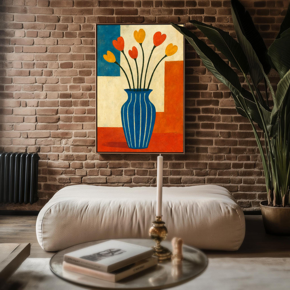 Midcentury Modern Floral Art – Retro Tulip Vase Print in Primary Colors, Bold Abstract Flower Wall Decor for Cool Homes, Free Shipping - Just Great Posters