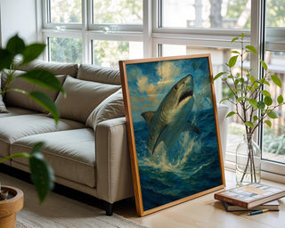Tiger Shark Wall Art – Epic Breaching Ocean Scene in Dramatic Oil Painting Style, Bold Nautical Decor for Brave Homes, Free Shipping - Just Great Posters