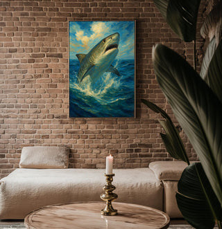 Tiger Shark Wall Art – Epic Breaching Ocean Scene in Dramatic Oil Painting Style, Bold Nautical Decor for Brave Homes, Free Shipping - Just Great Posters
