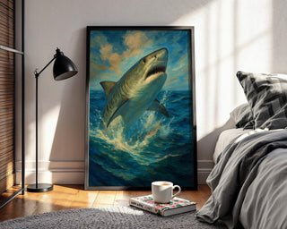 Tiger Shark Wall Art – Epic Breaching Ocean Scene in Dramatic Oil Painting Style, Bold Nautical Decor for Brave Homes, Free Shipping - Just Great Posters