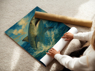 Tiger Shark Wall Art – Epic Breaching Ocean Scene in Dramatic Oil Painting Style, Bold Nautical Decor for Brave Homes, Free Shipping - Just Great Posters