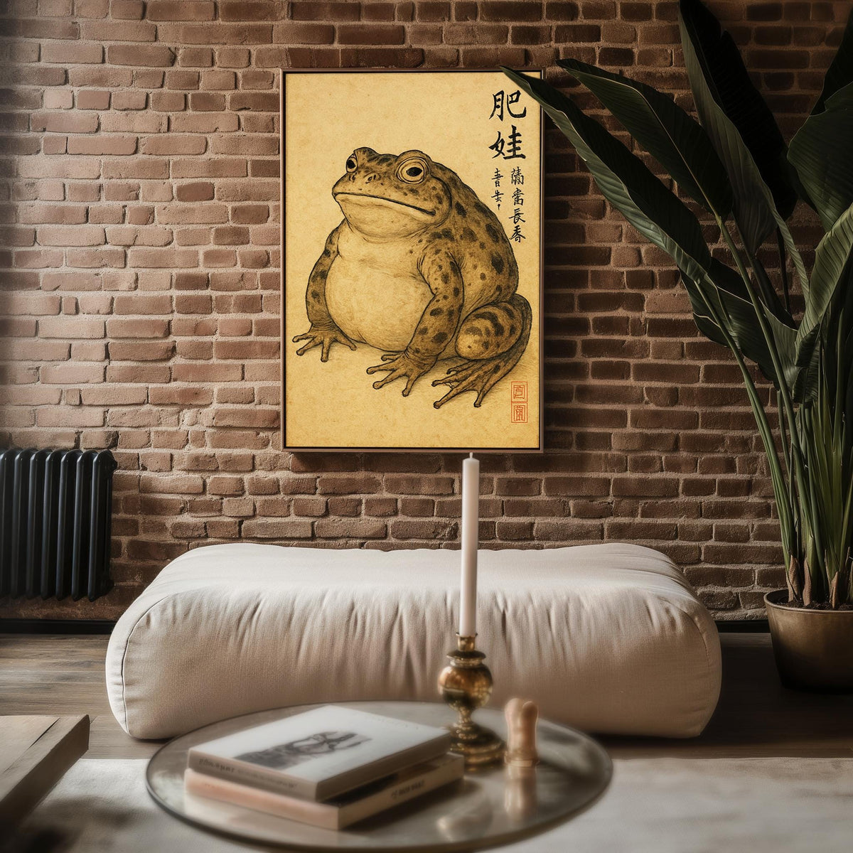 Japanese Frog Wall Art – Vintage Style Ink Animal Drawing with Kanji, Wabi - Sabi Amphibian Print for Cool Minimalist Decor, Free Shipping - Just Great Posters