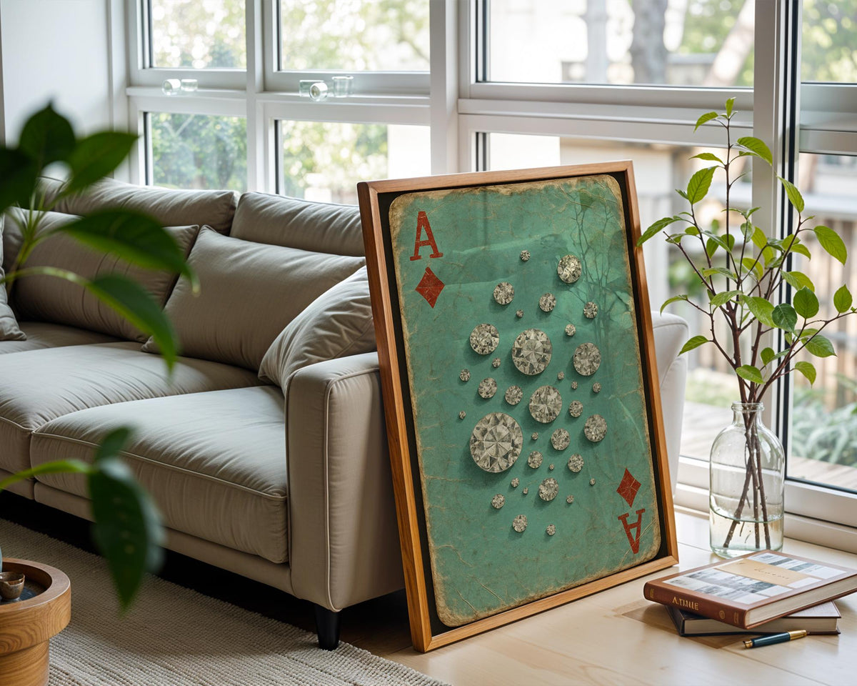 Sparkling Ace of Diamonds Art Print – Retro Playing Card Wall Art with Crystal Gems, Tiffany Style Gift for Jewellery or Card Game Lovers - Just Great Posters