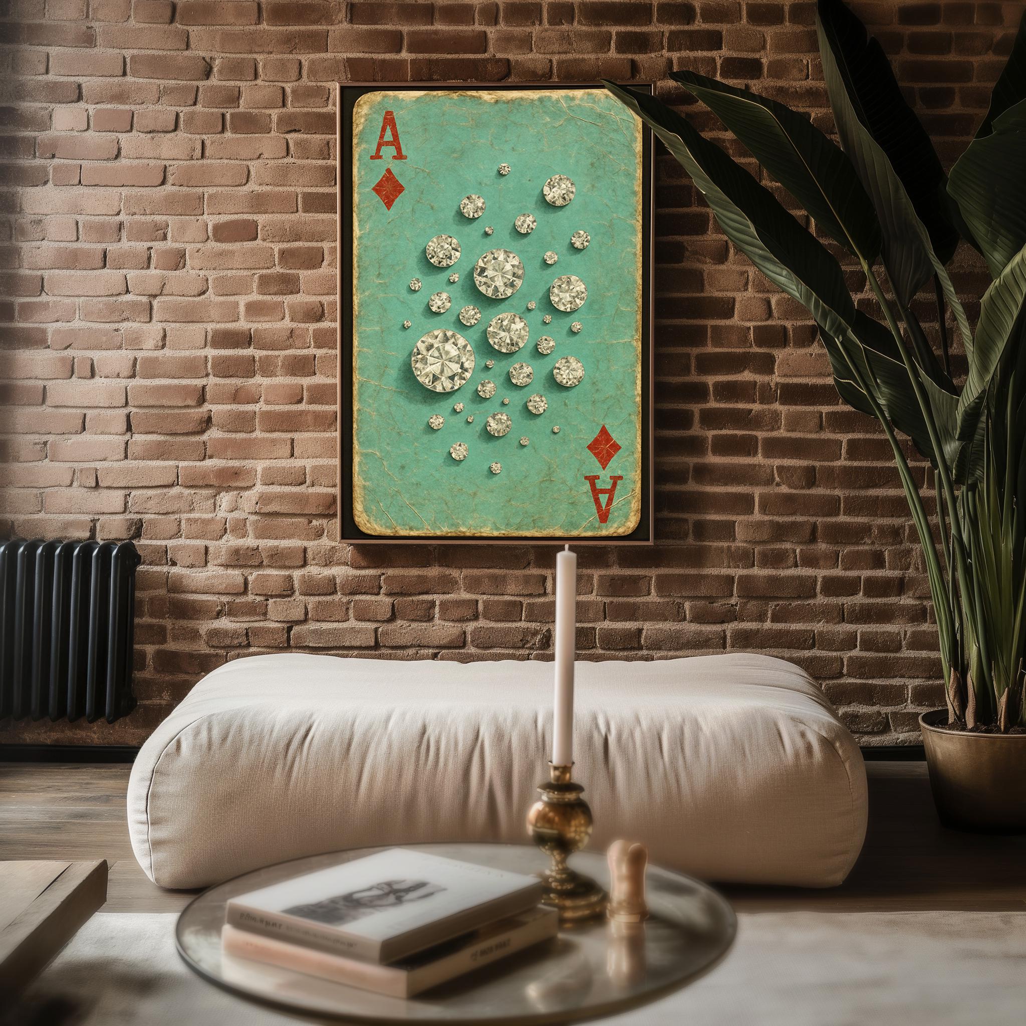 Sparkling Ace of Diamonds Art Print – Retro Playing Card Wall Art with Crystal Gems, Tiffany Style Gift for Jewellery or Card Game Lovers - Just Great Posters