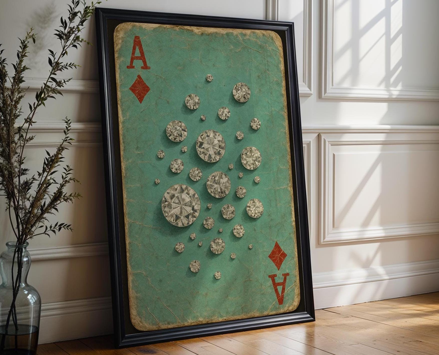 Sparkling Ace of Diamonds Art Print – Retro Playing Card Wall Art with Crystal Gems, Tiffany Style Gift for Jewellery or Card Game Lovers - Just Great Posters