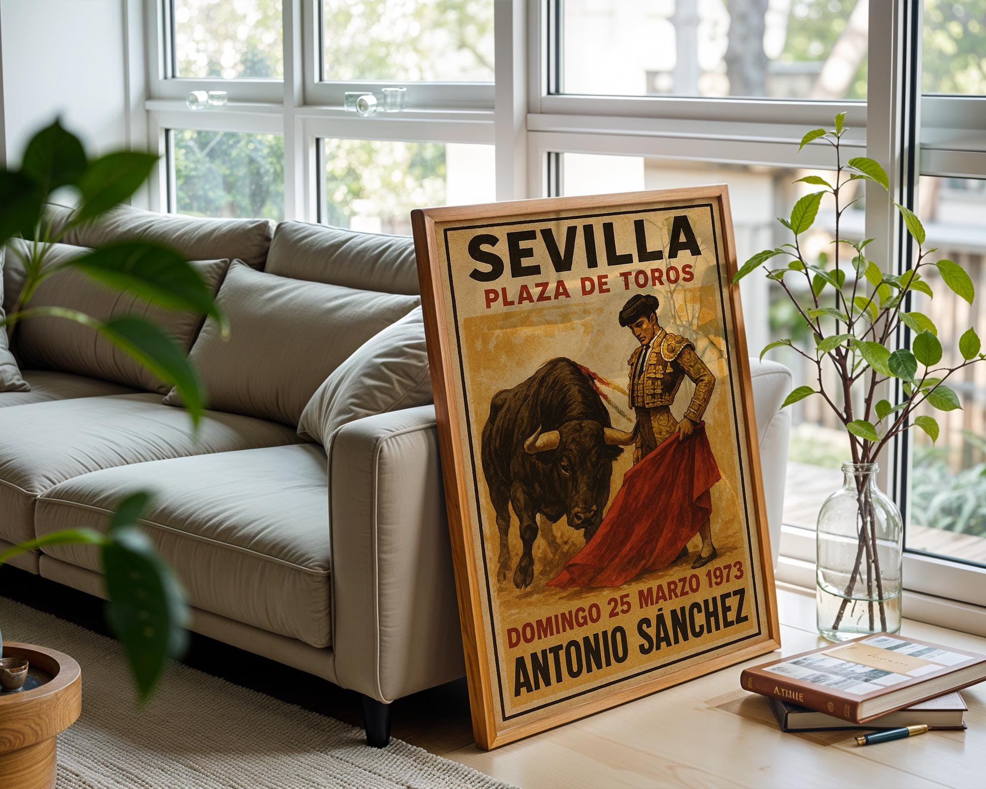 Sevilla bullfighting poster mockup shown on a gallery wall