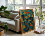 Bold Geometric Abstract Wall Art – Colorful Mid Century Style Shapes Print, Modern Retro Art Poster in Orange, Blue & Yellow Tones - Just Great Posters