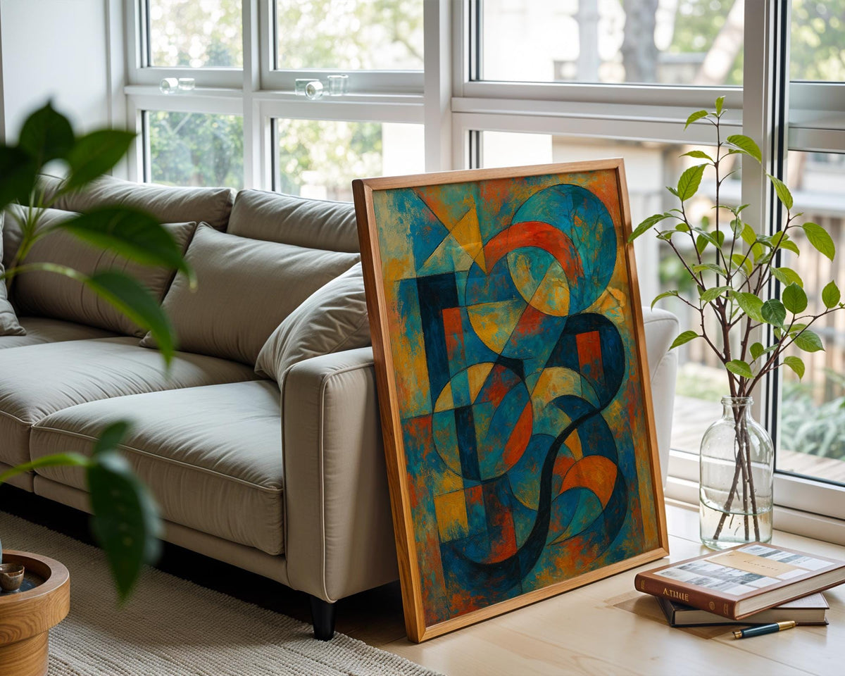 Bold Geometric Abstract Wall Art – Colorful Mid Century Style Shapes Print, Modern Retro Art Poster in Orange, Blue & Yellow Tones - Just Great Posters
