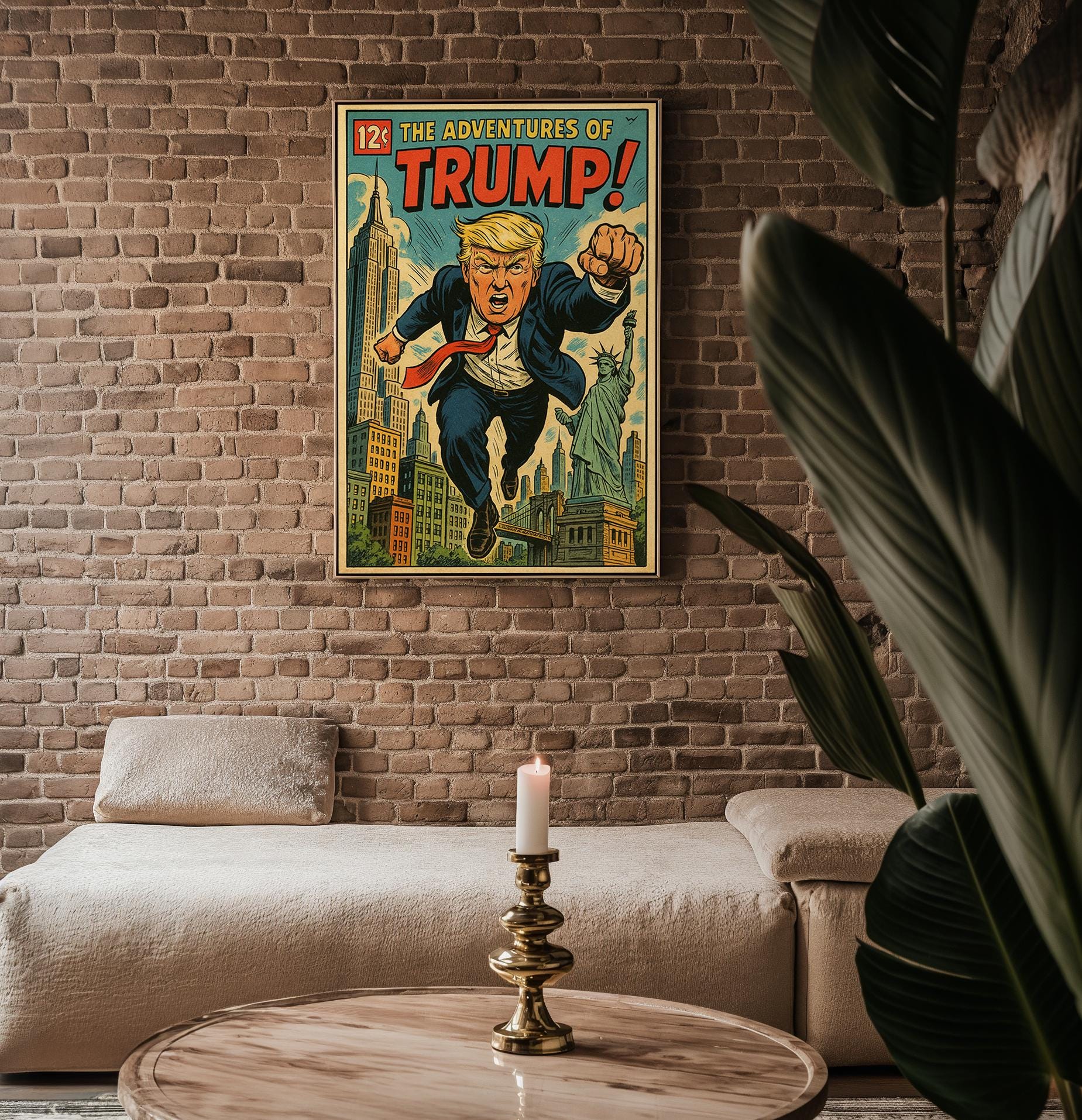 Trump Comic Poster – Satirical Superhero Art Print in Retro Comic Style, Bold Political Pop Culture Wall Art - Just Great Posters