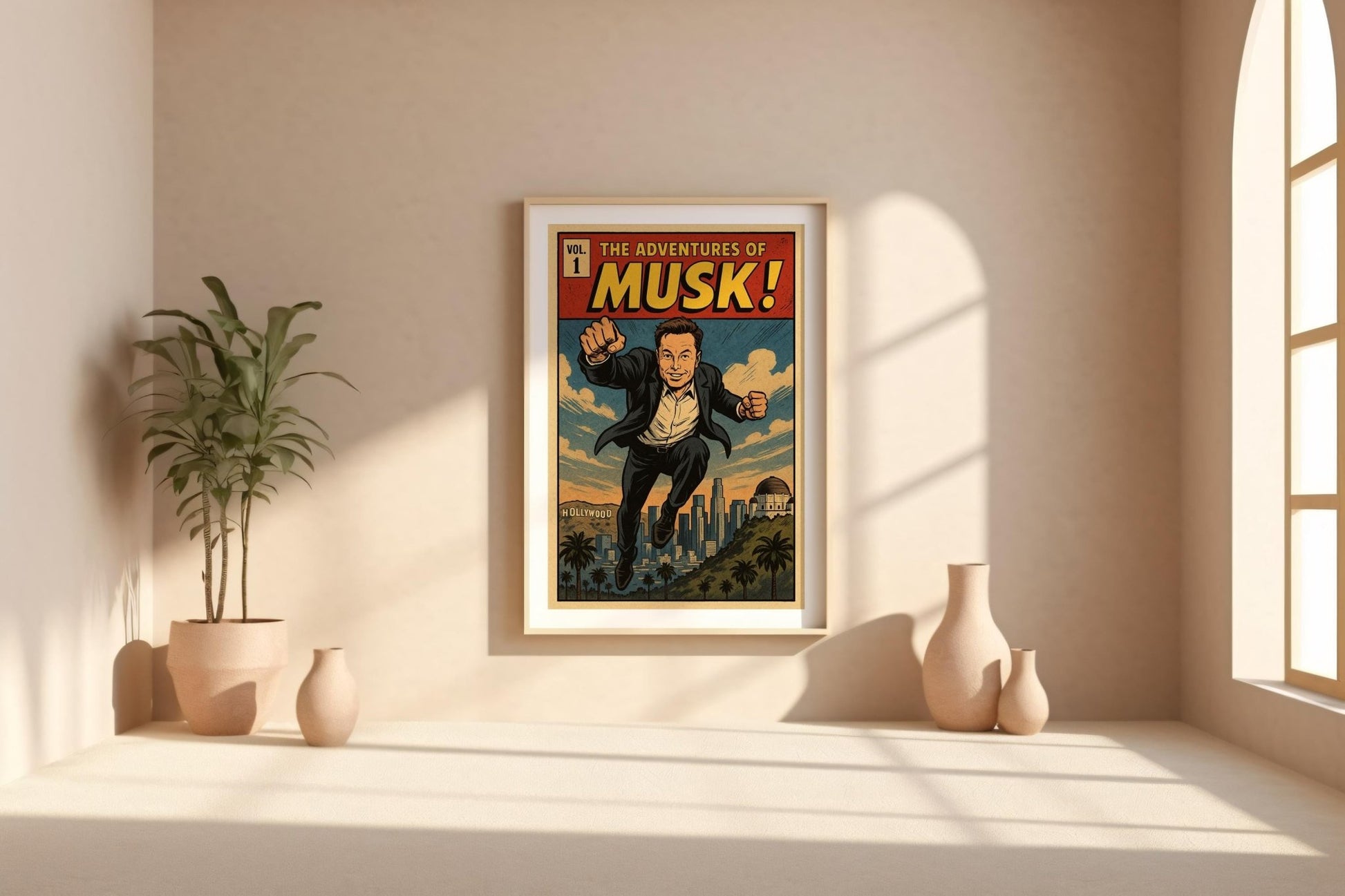 Musk Comic Poster – Elon Musk Superhero Parody Print, Retro Comic Wall Art for Fans of Tech & Pop Culture - Just Great Posters
