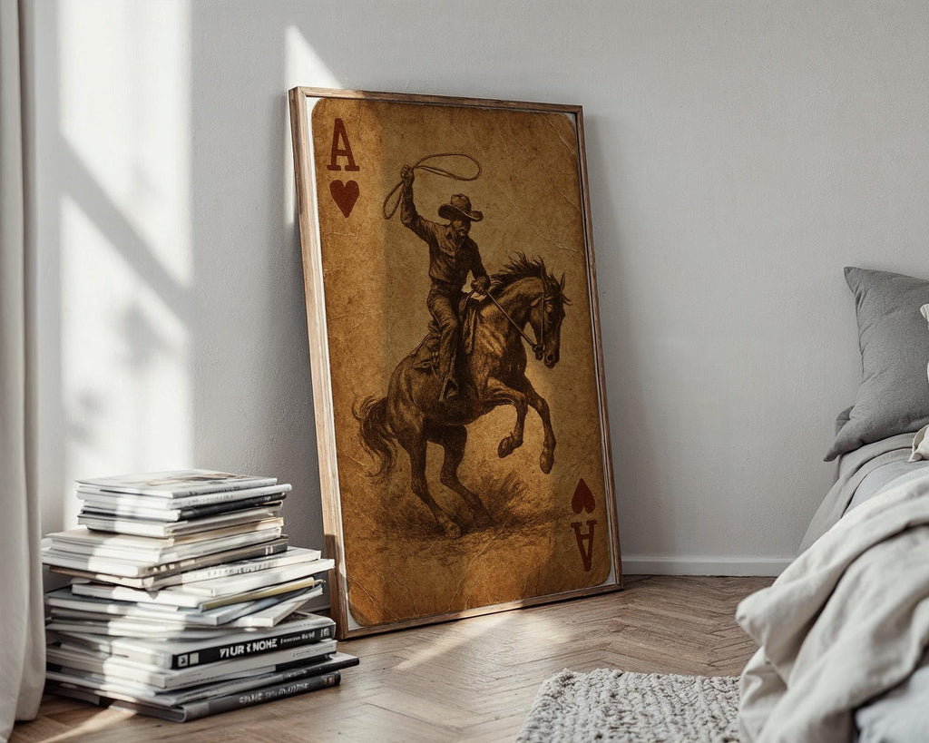 Cowboy Ace of Hearts Playing Card Print – Western Style Vintage Art Poster, Wild West Cowboy on Horse Wall Art for Card Lovers - Just Great Posters