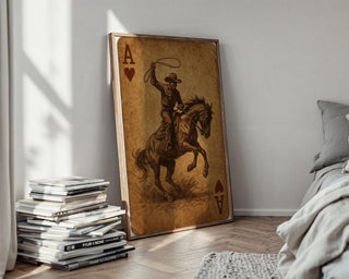 Cowboy Ace of Hearts Playing Card Print – Western Style Vintage Art Poster, Wild West Cowboy on Horse Wall Art for Card Lovers - Just Great Posters