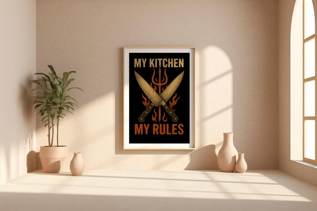 My Kitchen My Rules Poster – Bold Chef Wall Art with Knives and Flames, Funny Kitchen Decor for Cooks, Grillmasters, and Foodies - Just Great Posters