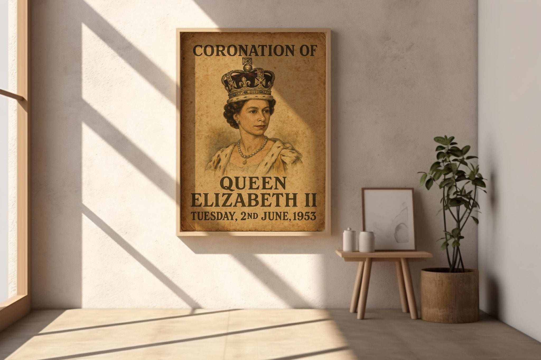 Queen Elizabeth II Coronation Poster – Vintage 1953 Royal Wall Art, Historic UK Print with Crown Portrait, British Monarchy Decor - Just Great Posters