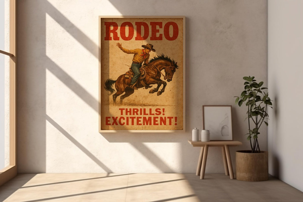 Rodeo Vintage Poster – Western Cowboy Wall Art with Bucking Bronco, “Thrills! Excitement!” Print for Rustic or Country Home Decor - Just Great Posters