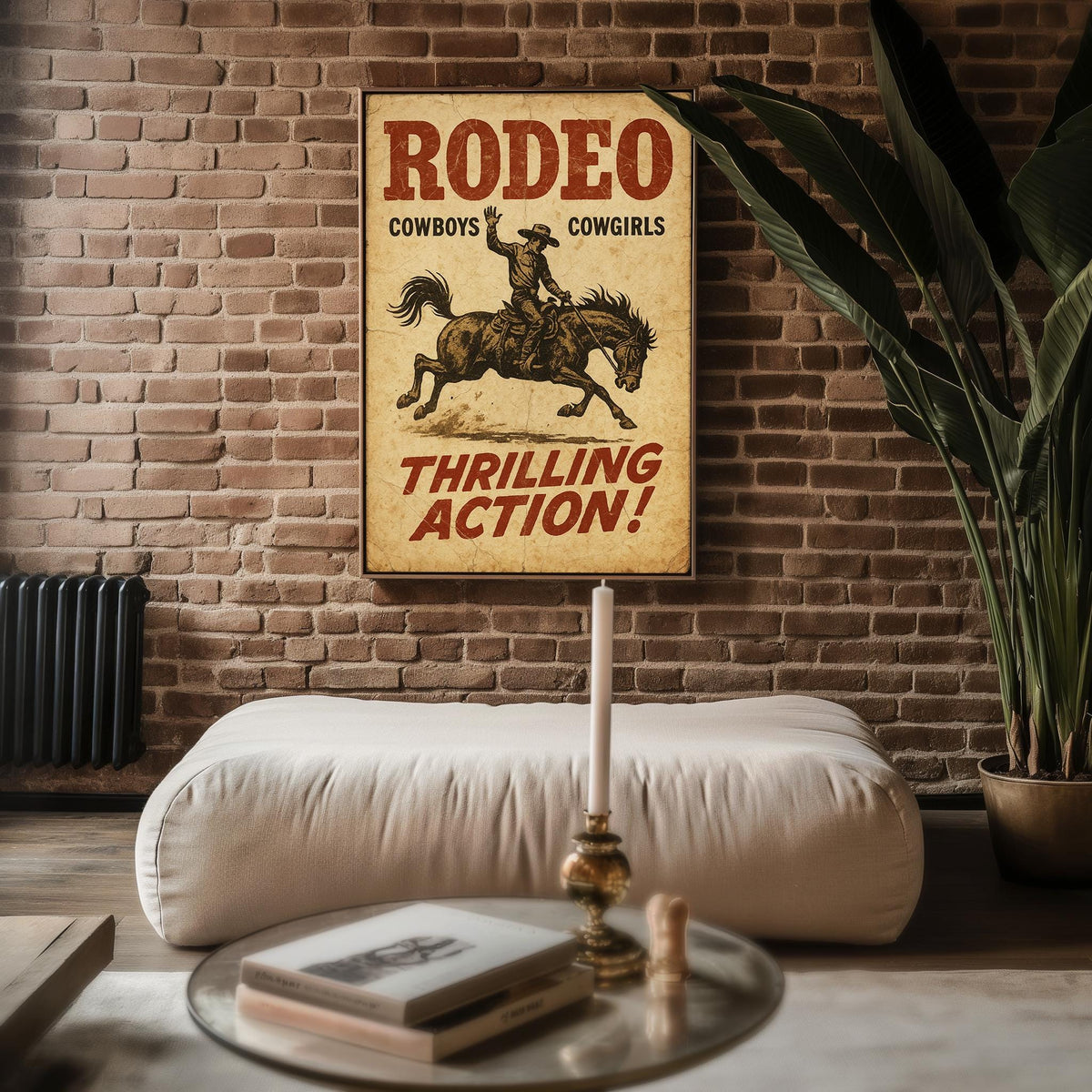 Cowboy Rodeo Poster – “Thrilling Action!” Western Vintage Print with Horse Rider, Rustic Wild West Wall Art for Rodeo or Ranch Decor - Just Great Posters