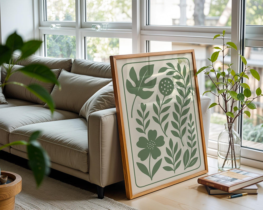 Minimal Botanical Wall Art in Sage Green – Modern Plant Print with Scandinavian Vibe, Eco Decor for Bedroom, Kitchen or Entryway - Just Great Posters