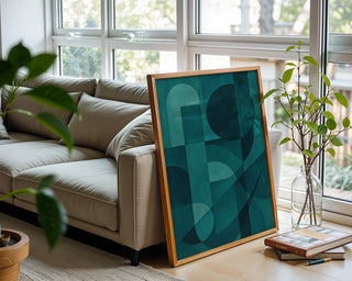 Teal Wall Art – Modern Midcentury Style Print with Minimal Shapes, Cool Blue Tones, Sophisticated Home Decor, Abstract and Unique - Just Great Posters