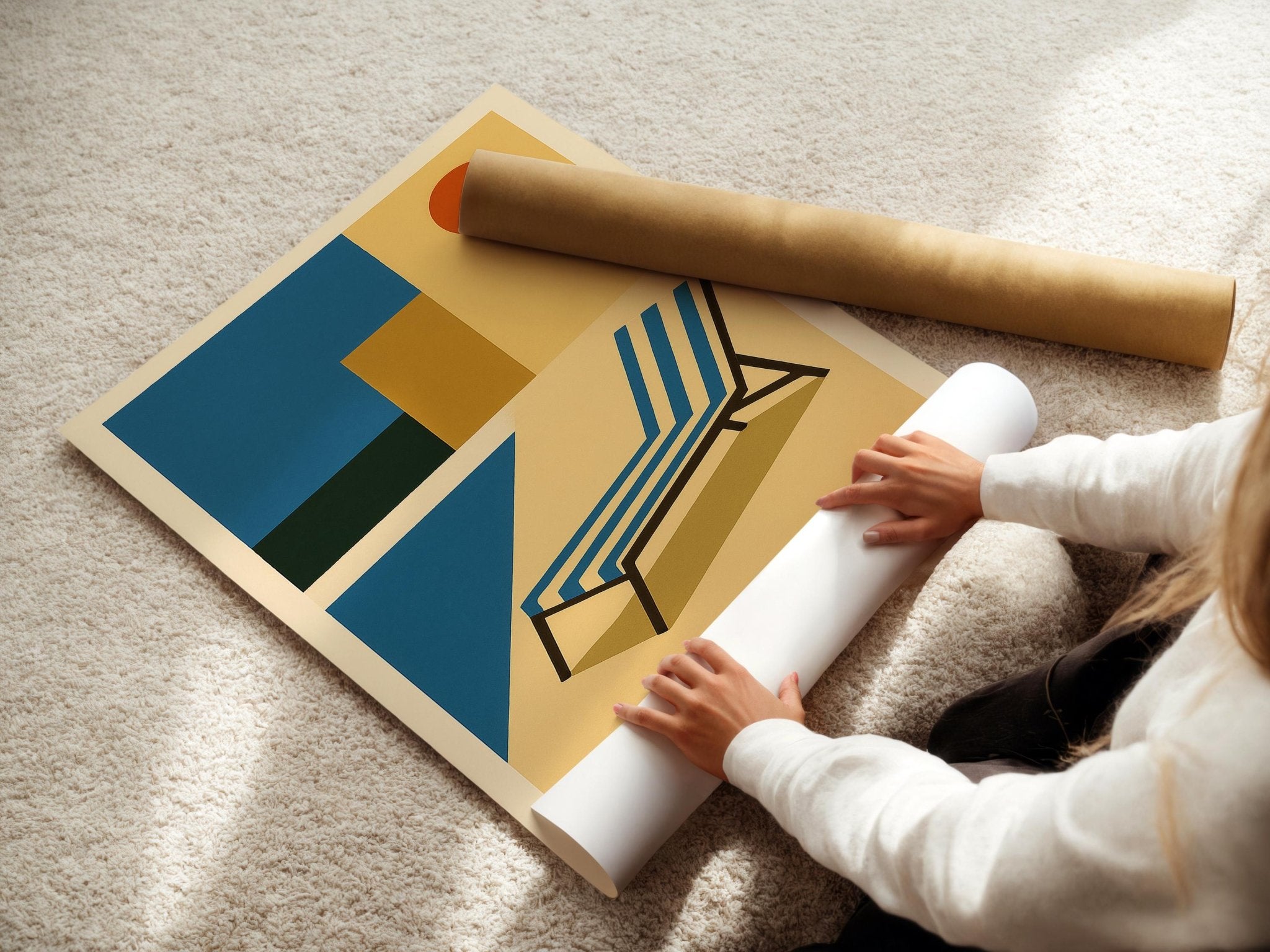Poolside Wall Art – Retro Modern Summer Vibes Print in Bauhaus Style with Chair and Sun, Vacation Home Decor Poster - Just Great Posters