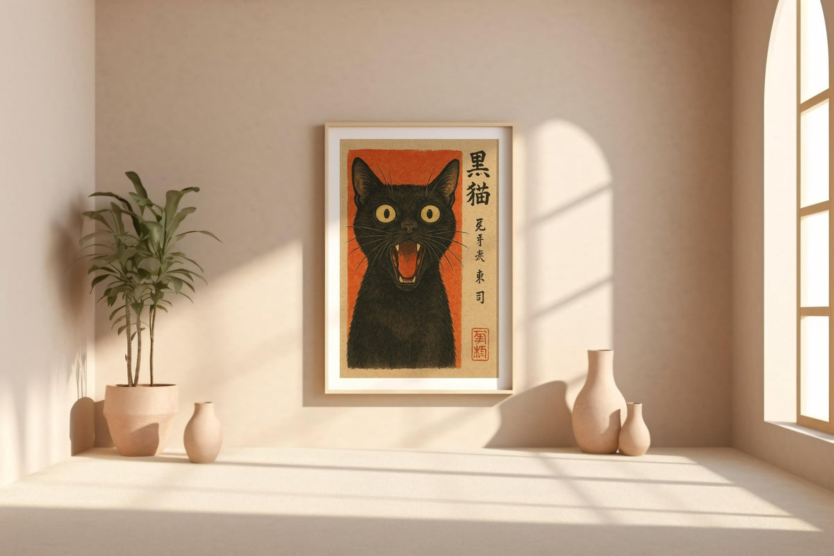 Black Cat Art Print with Japandi Vintage Japanese Style – Bold Ink Illustration Poster, Witchy Wall Decor or Cool Gift for Cat Lovers - Just Great Posters