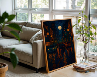 Stained Glass Style Wall Art – Vibrant Night Scene with Cars and Moon, Moody Urban Poster for Cool Modern Home Decor - Just Great Posters