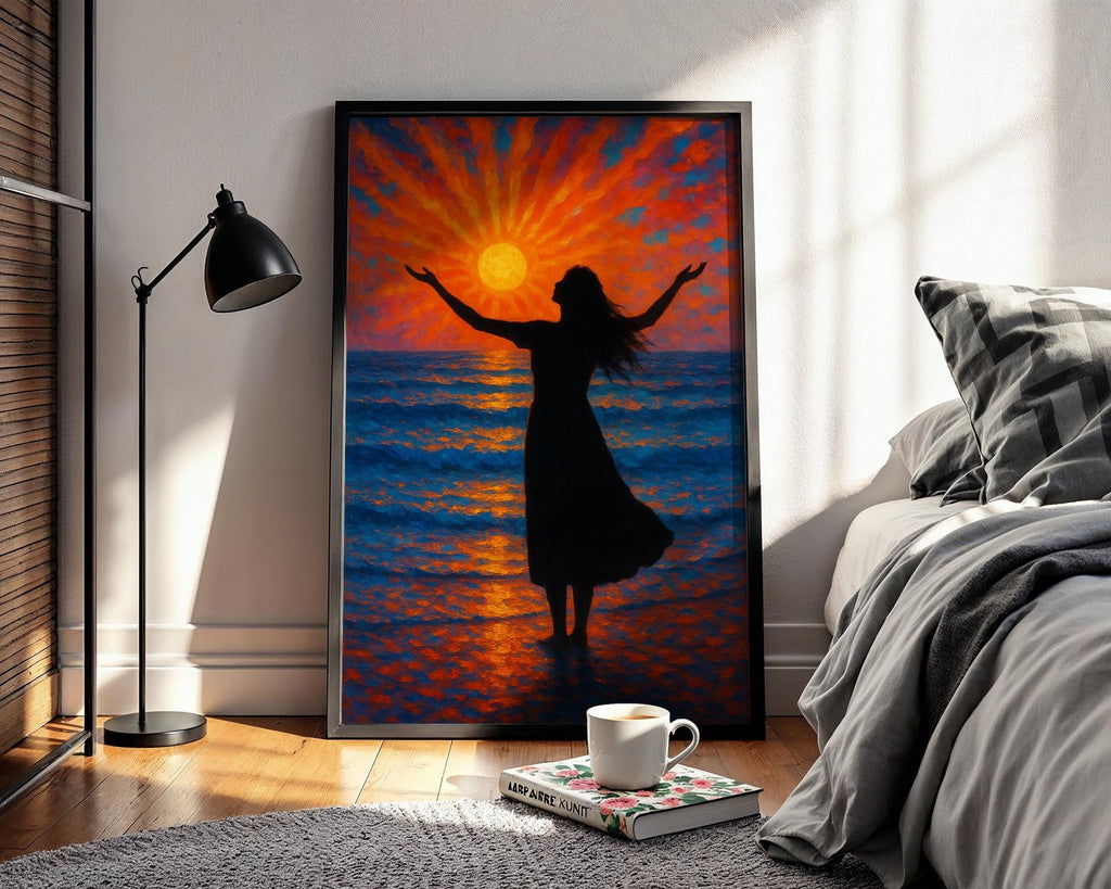 Sunset Ocean Silhouette Wall Art – Radiant Woman at Sea in Golden Hour Light, Spiritual Coastal Print for Calm Decor, Free Shipping - Just Great Posters