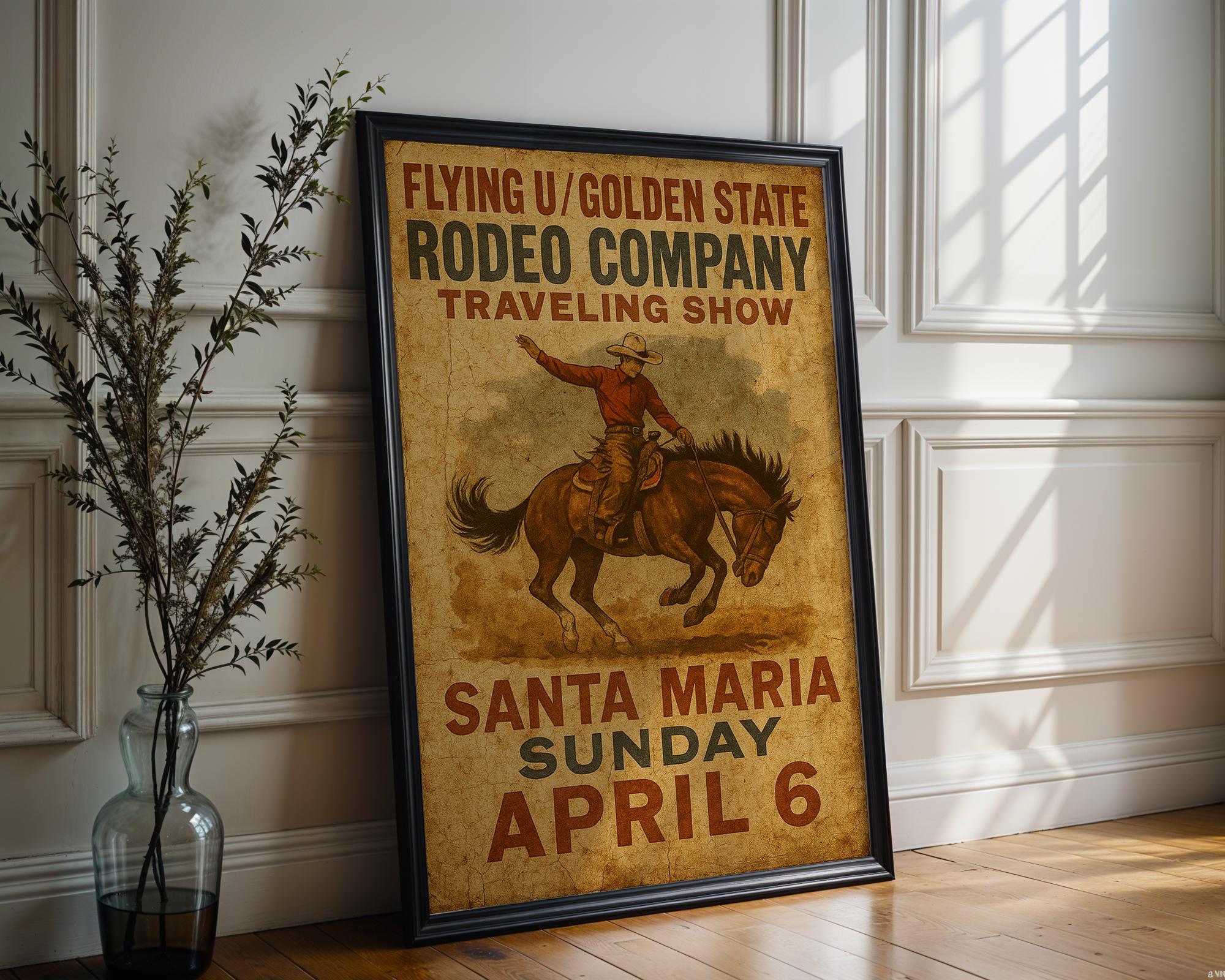 Flying U Rodeo Poster – Vintage Western Cowboy Wall Art with Bronco Rider & Aged Typography, Americana Decor Print, Free Shipping - Just Great Posters
