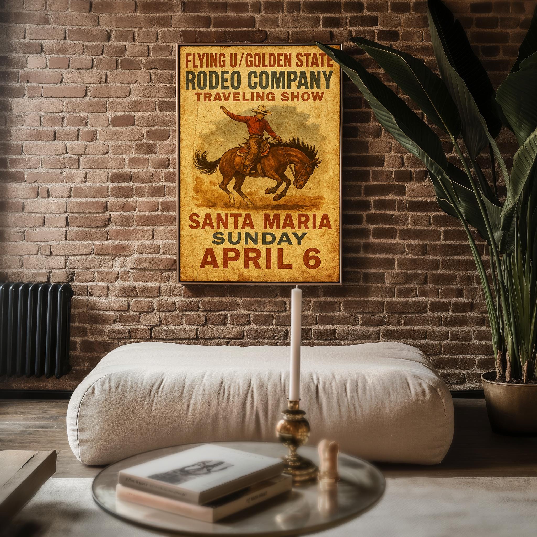 Flying U Rodeo Poster – Vintage Western Cowboy Wall Art with Bronco Rider & Aged Typography, Americana Decor Print, Free Shipping - Just Great Posters