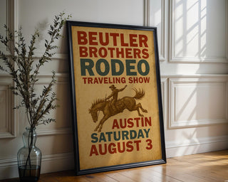 Beutler Brothers Rodeo Poster – Vintage Cowboy Bronco Wall Art from Texas Tour Show, Western Typography Print, Free Shipping - Just Great Posters