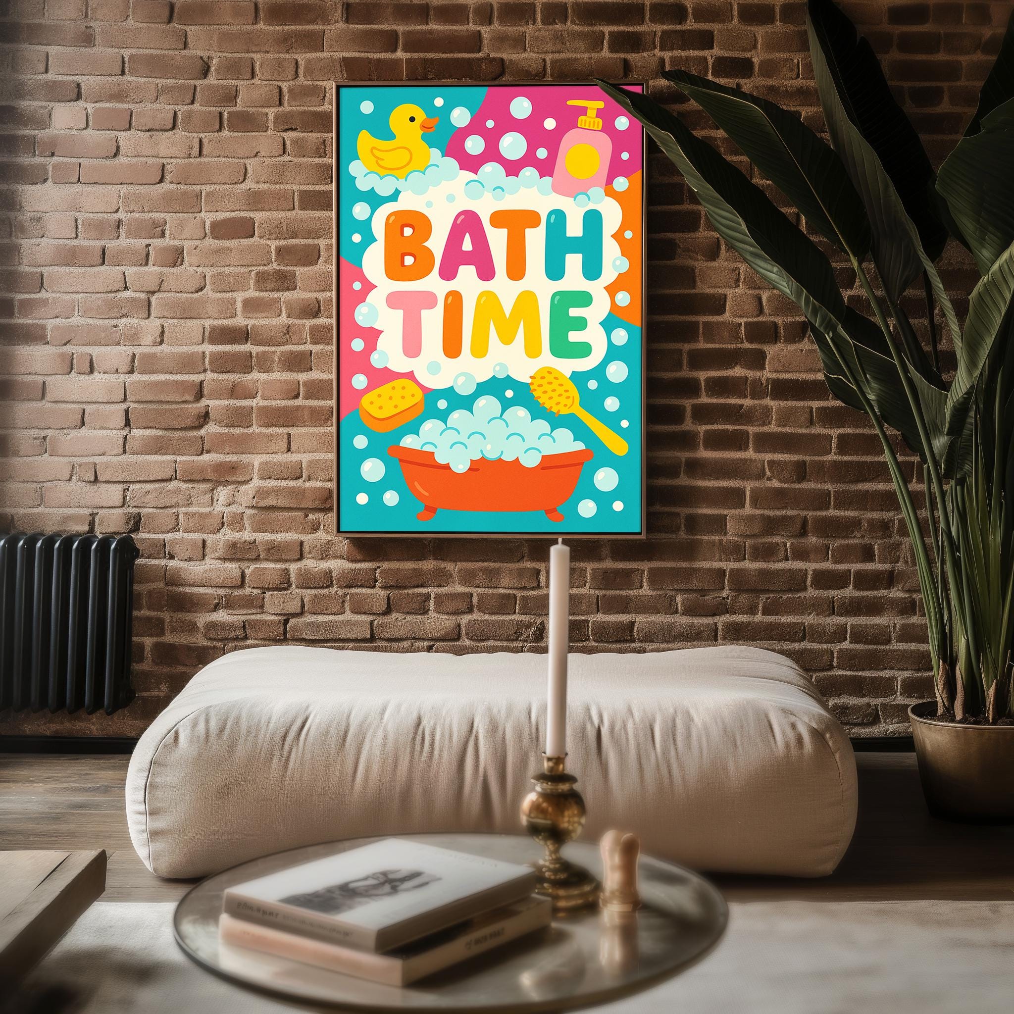 Bath Time Poster – Colorful Kids Bathroom Wall Art with Duck, Bubbles & Tub, Cute Playful Print for Toddlers, Nurseries or Daycares - Just Great Posters