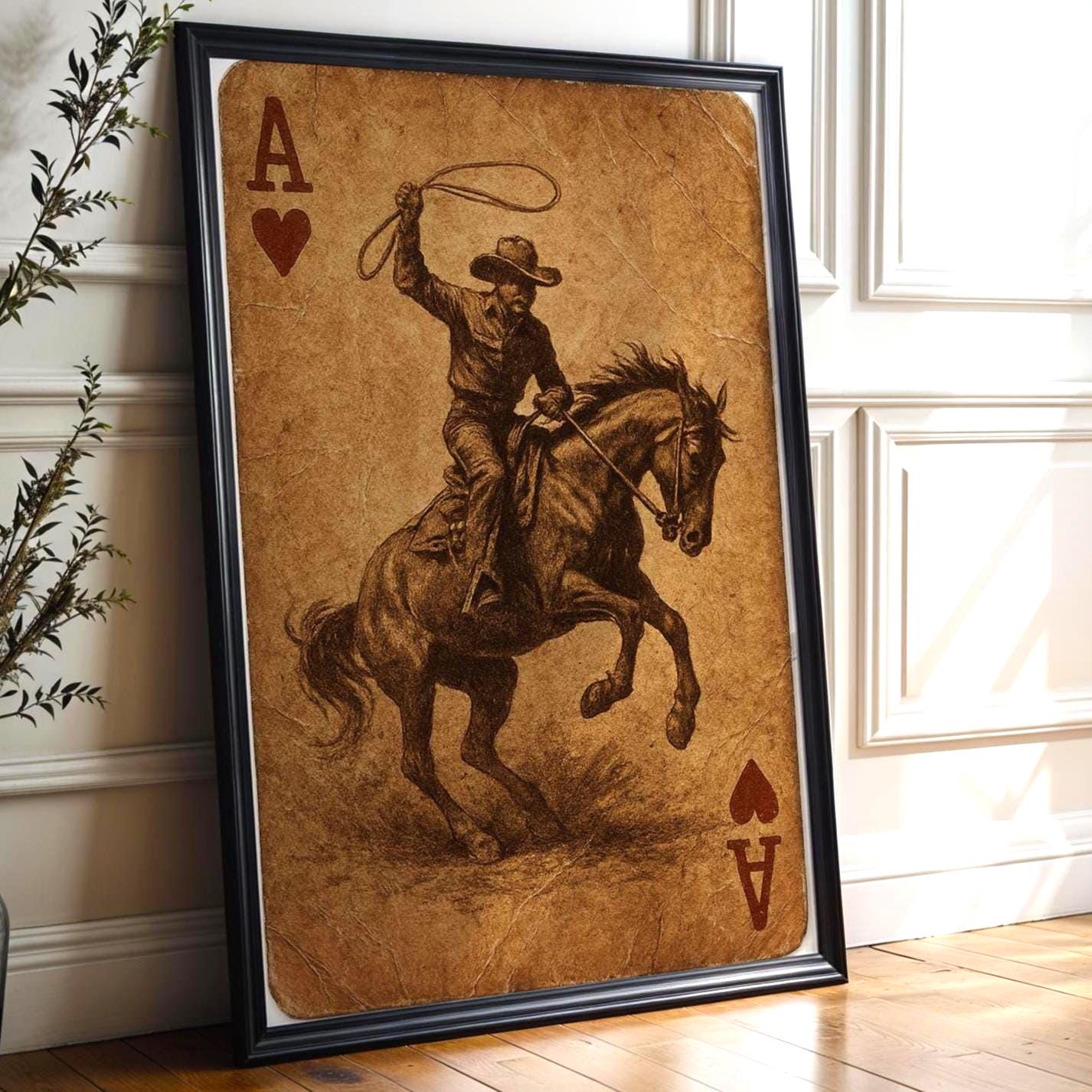Cowboy Ace of Hearts Playing Card Print – Western Style Vintage Art Poster, Wild West Cowboy on Horse Wall Art for Card Lovers - Just Great Posters