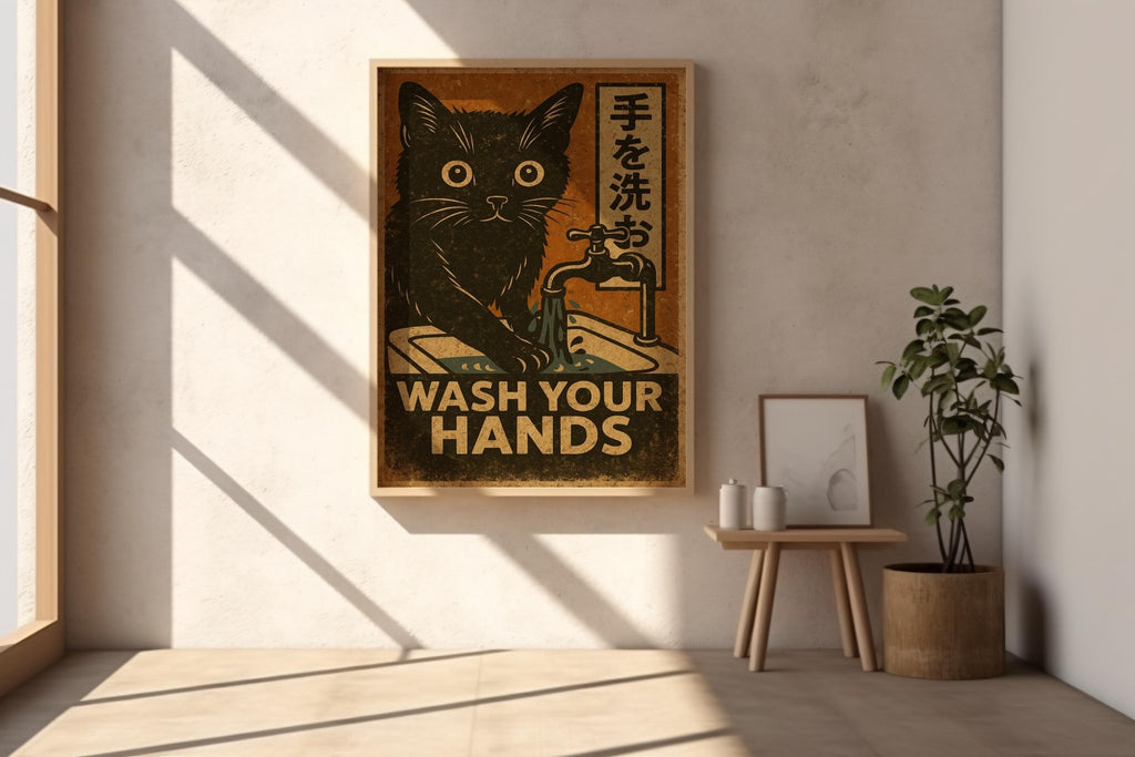 Wash Your Hands Cat Poster – Vintage Japanese Style Hygiene Wall Art, Retro Handwashing Print for Bathroom or Cat Lover Gift - Just Great Posters
