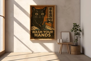 Wash Your Hands Cat Poster – Vintage Japanese Style Hygiene Wall Art, Retro Handwashing Print for Bathroom or Cat Lover Gift - Just Great Posters