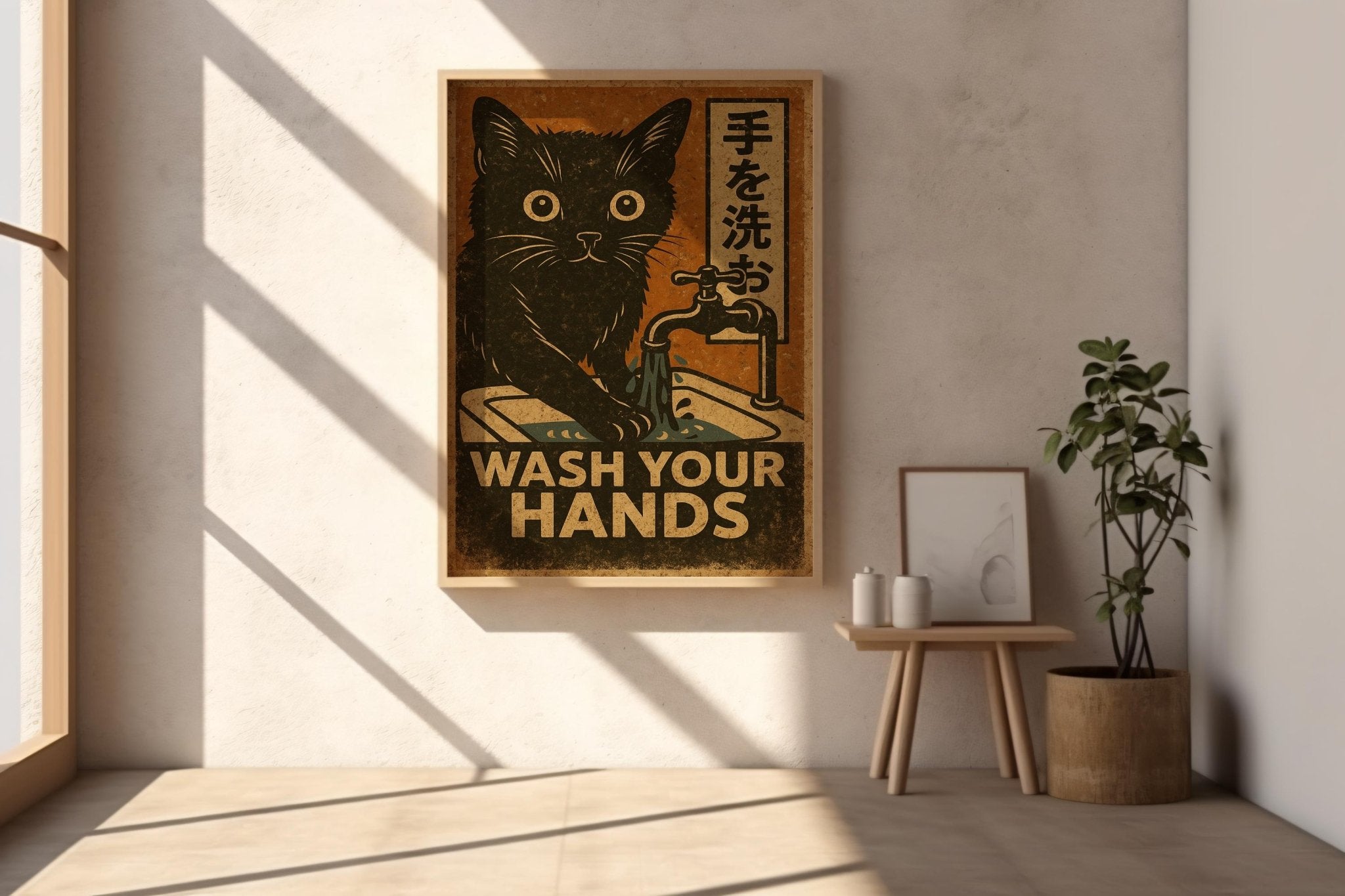 Wash Your Hands Cat Poster – Vintage Japanese Style Hygiene Wall Art, Retro Handwashing Print for Bathroom or Cat Lover Gift - Just Great Posters