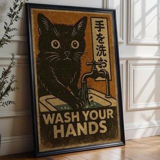 Wash Your Hands Cat Poster – Vintage Japanese Style Hygiene Wall Art, Retro Handwashing Print for Bathroom or Cat Lover Gift - Just Great Posters