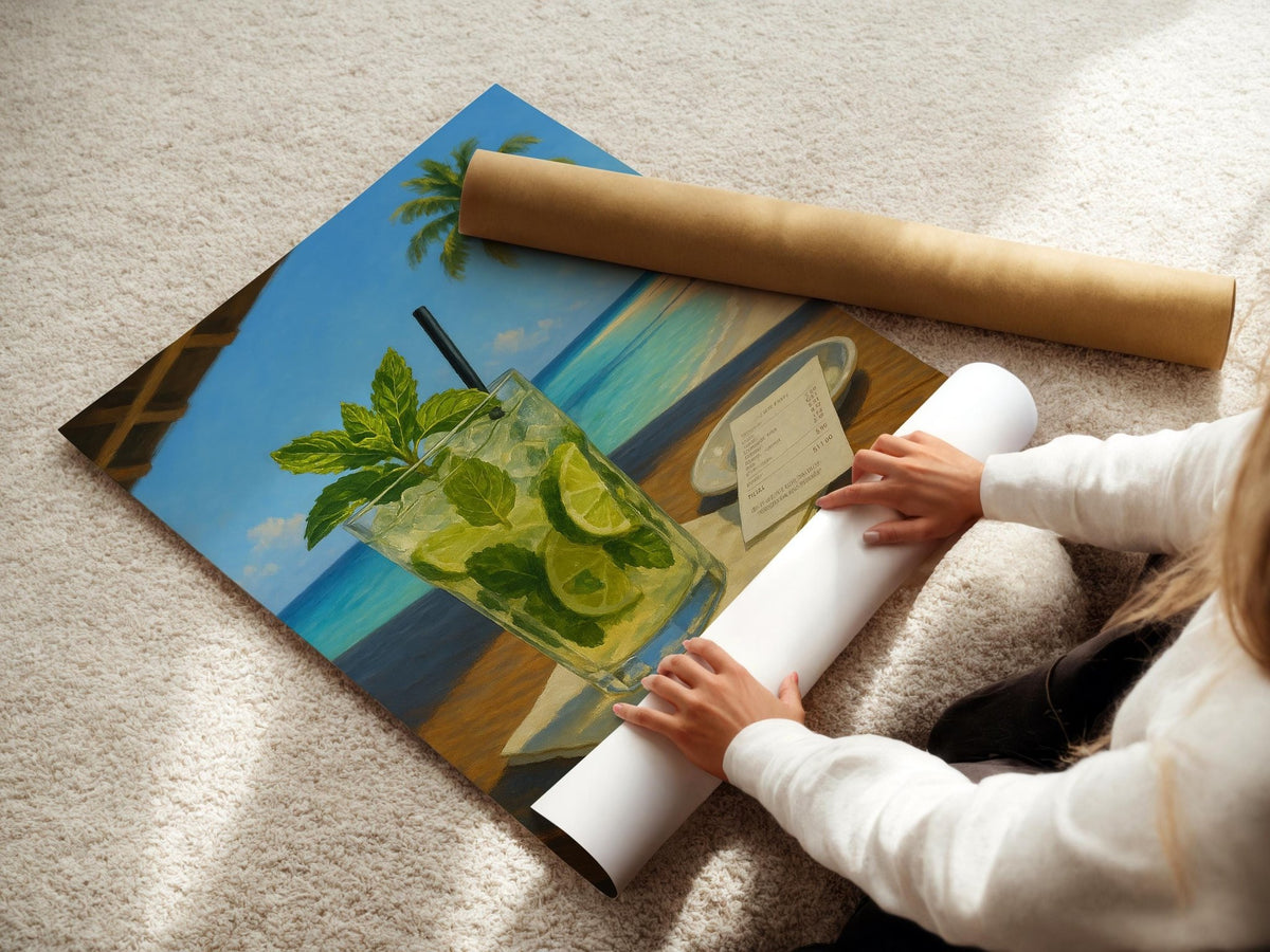 Mojito Art Print – Tropical Cocktail Poster, Summer Wall Art, Mint Lime Drink Painting, Vacation Vibes Kitchen Decor, Beach Bar Setting - Just Great Posters
