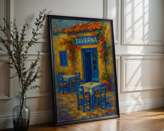 Greek Taverna Wall Art – Greek Island Café Poster, Yellow Blue Village Print, Rustic Coastal Travel Decor, Free Shipping - Just Great Posters