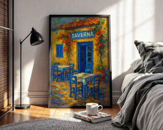 Greek Taverna Wall Art – Greek Island Café Poster, Yellow Blue Village Print, Rustic Coastal Travel Decor, Free Shipping - Just Great Posters