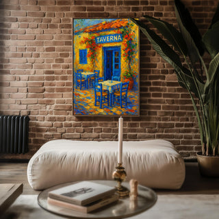 Greek Taverna Wall Art – Greek Island Café Poster, Yellow Blue Village Print, Rustic Coastal Travel Decor, Free Shipping - Just Great Posters