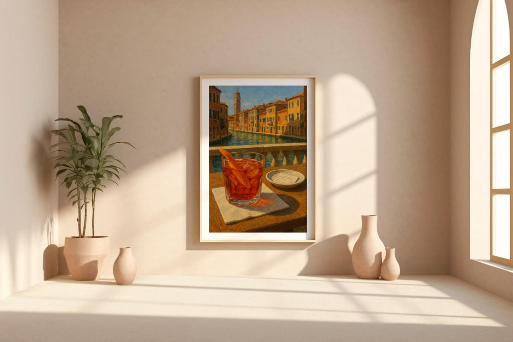 Negroni Cocktail Venice Art Print – Italy Canal View Bar Poster, Red Drink Wall Decor, Romantic Travel Aperitivo Scene - Just Great Posters