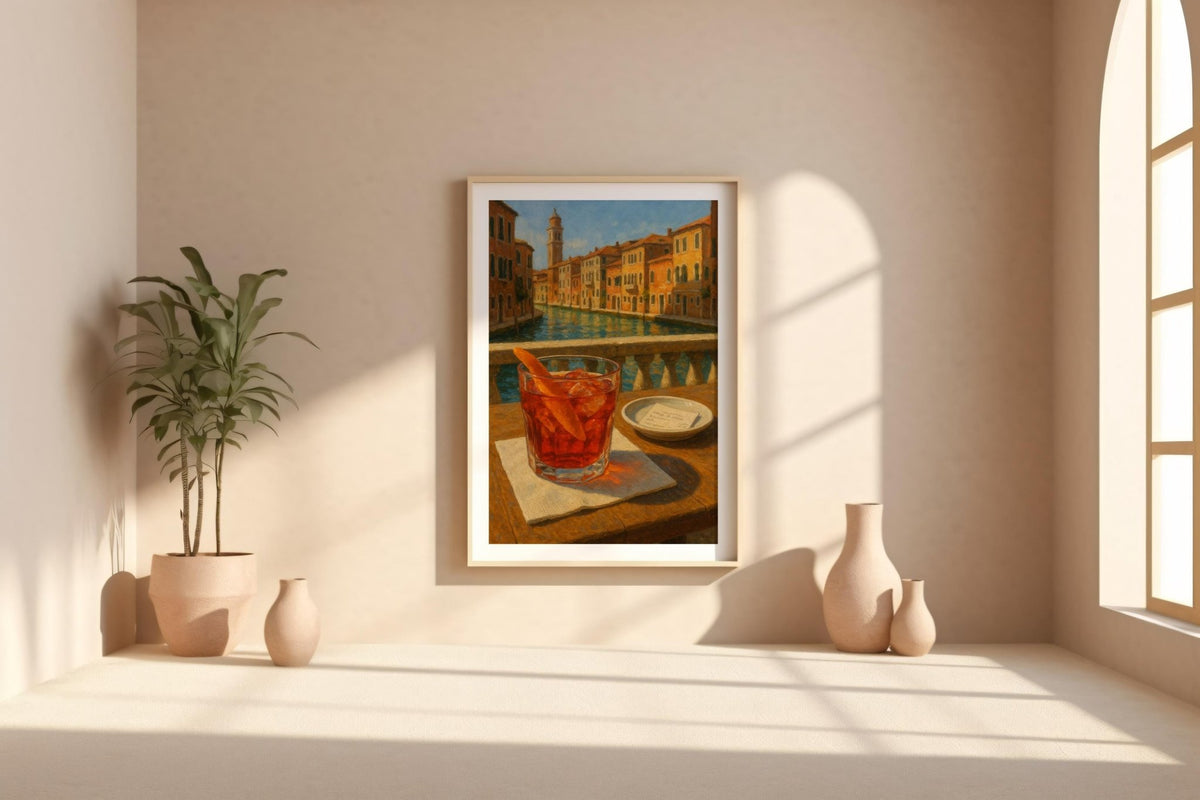 Negroni Cocktail Venice Art Print – Italy Canal View Bar Poster, Red Drink Wall Decor, Romantic Travel Aperitivo Scene - Just Great Posters