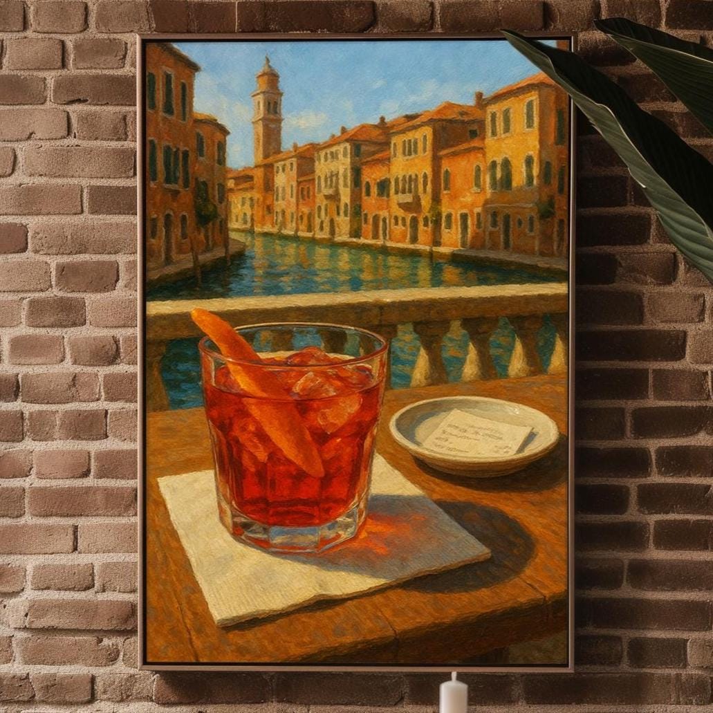 Negroni Cocktail Venice Art Print – Italy Canal View Bar Poster, Red Drink Wall Decor, Romantic Travel Aperitivo Scene - Just Great Posters