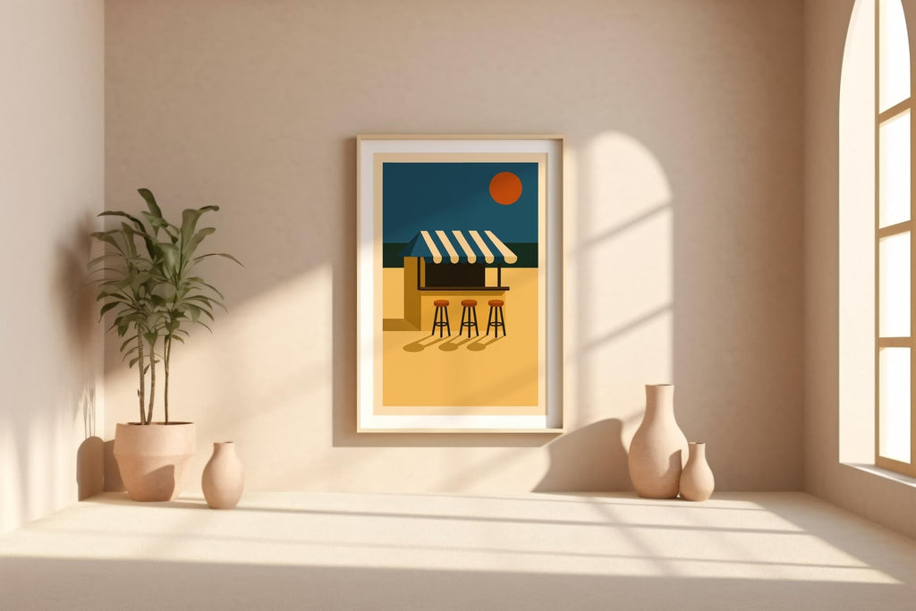 Beach Bar Wall Art – Retro Summer Coastal Poster, Clean Ocean Sunset Print, Graphic Holiday Vibe Decor, Free Shipping, Minimalist Art - Just Great Posters