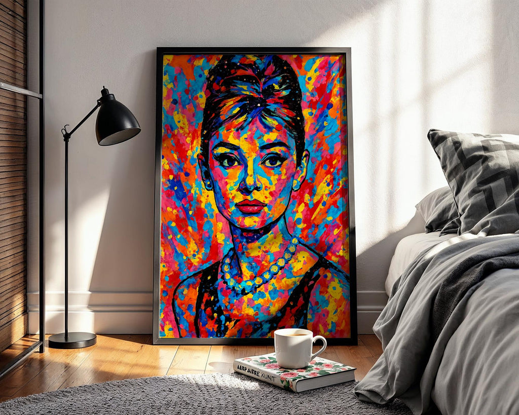 Audrey Hepburn Pop Art Portrait – Vibrant Retro Hollywood Wall Print, Modern Rainbow Icon Poster, Bold Feminine Decor, Free Shipping - Just Great Posters