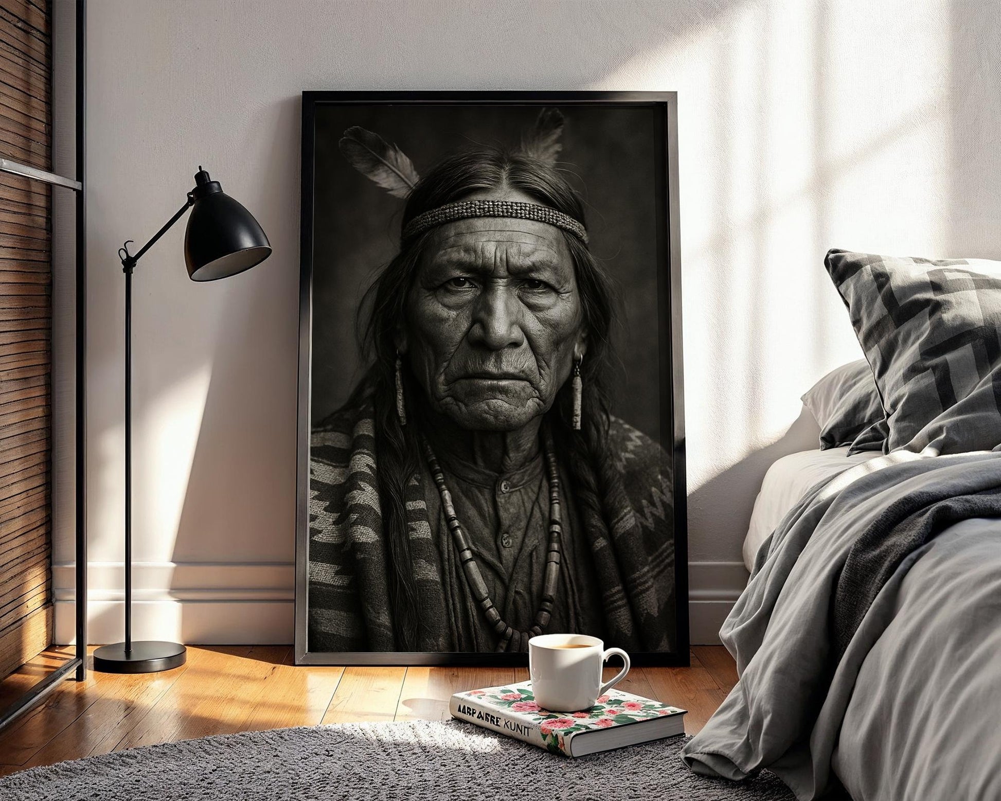 Native American Portrait – Powerful Black & White Photo Print with Cultural Detail and Tribal Strength, Heritage Wall Art, Free Shipping - Just Great Posters